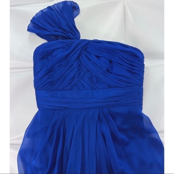 Carmen Marc Valvo Sz 4 Blue Long Formal Dress Gown Strapless One Shoulder Ruched - Picture 3 of 11